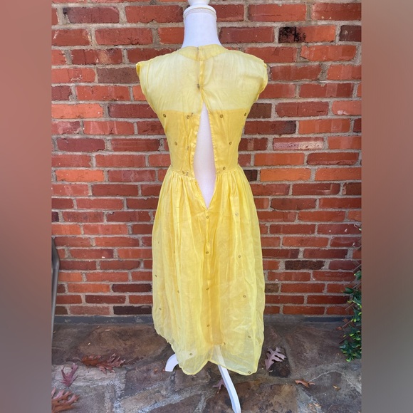 Vintage 50s Party Dress Dance Prom Yellow Satin Chiffon Fit Flare Size XS s - Picture 3 of 11